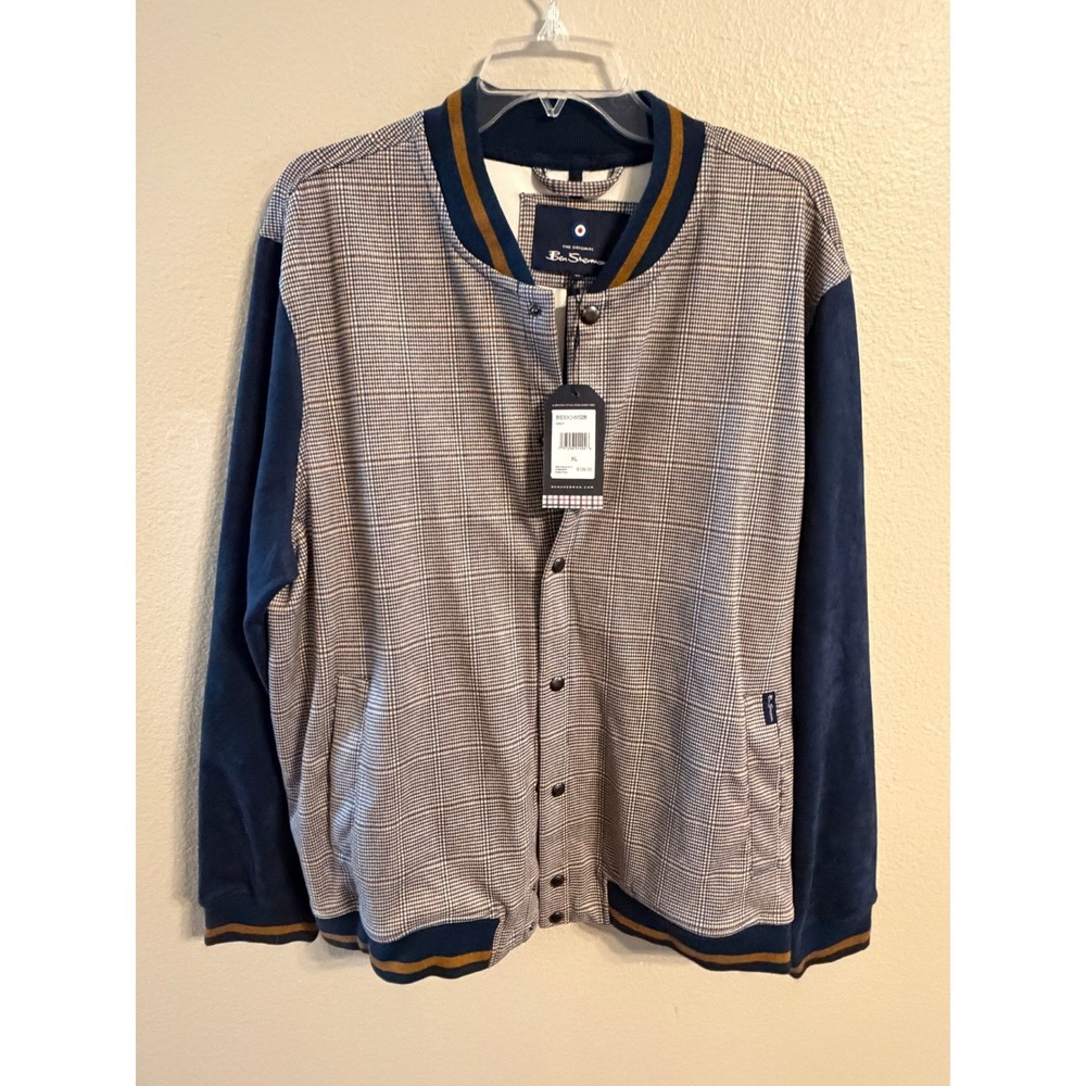Ben Sherman Bomber Jacket Mens XL Navy  Glen Plaid Faux Suede Varsity BS33OW028